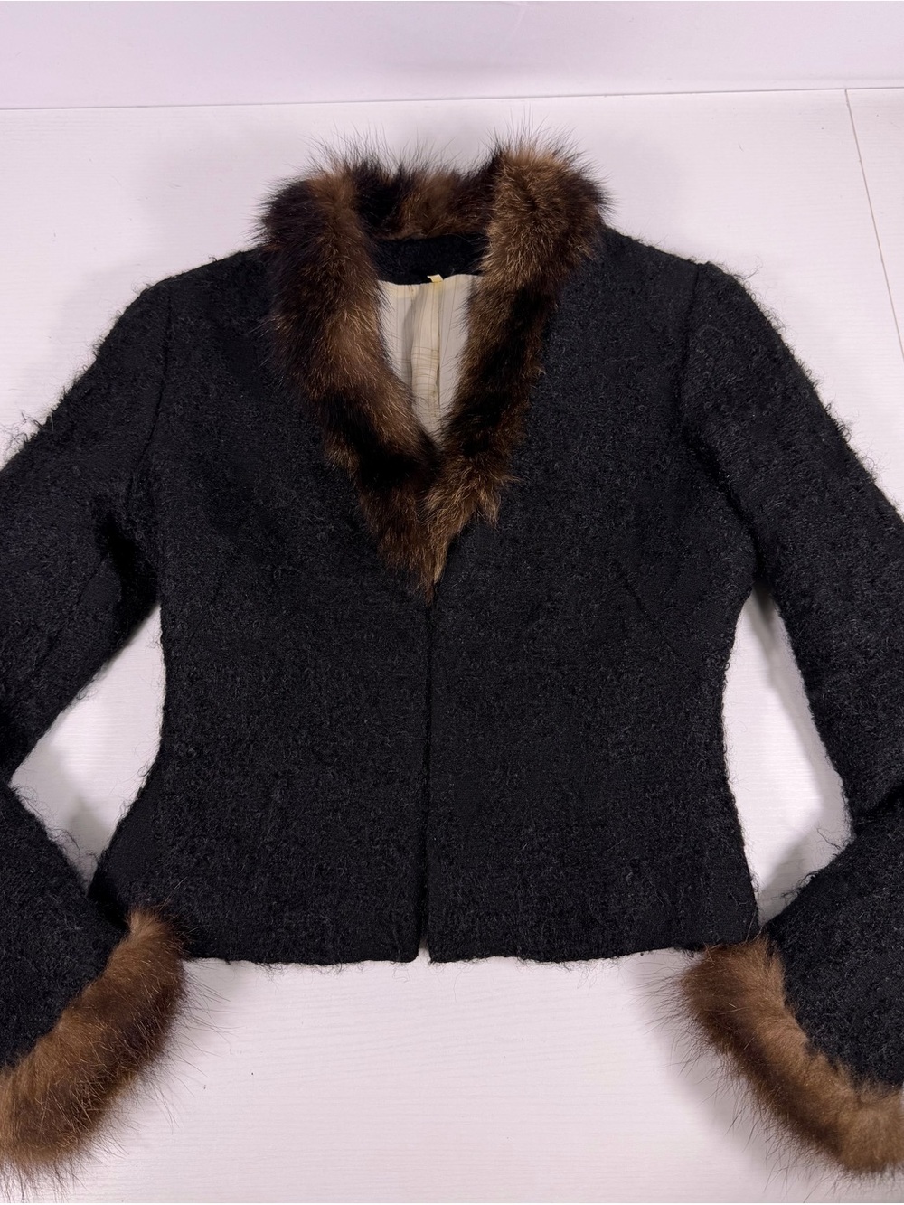 Vintage Wool Mohair Jacket Real Fur Trim Black Brown Medium